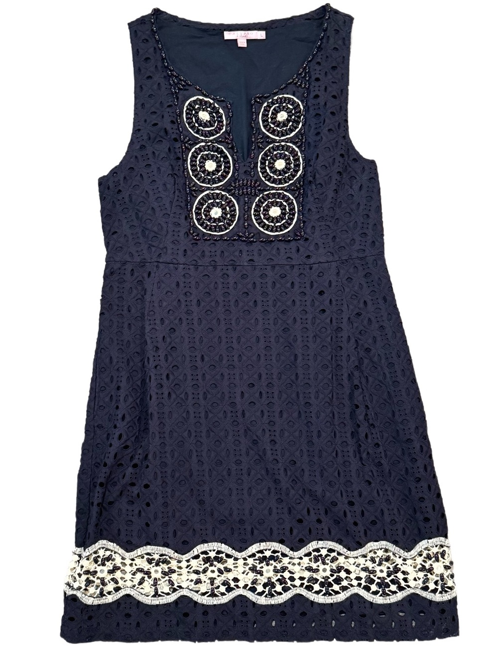 Calypso St. Barth Navy Eyelet Beaded Embellished Shift Dress Size Large